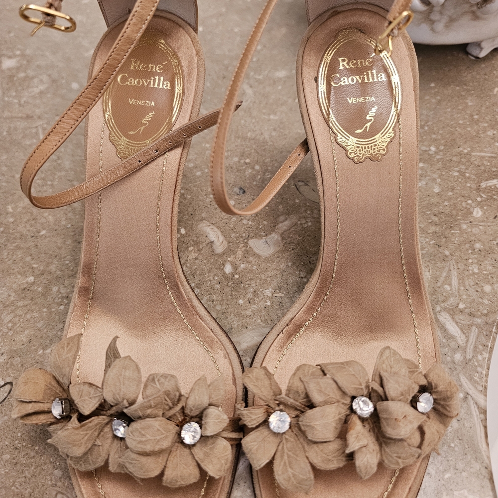 Rene Caovilla Tan Floral Embellished Heels